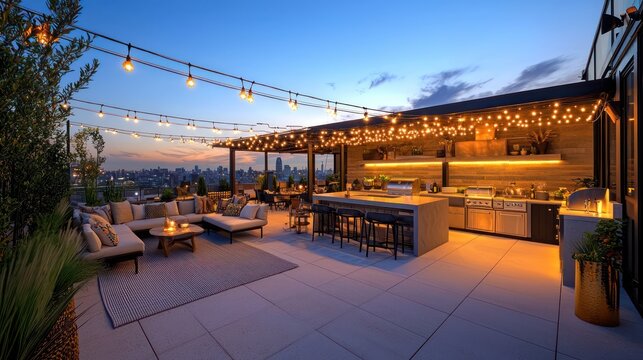 A glamorous rooftop terrace with an outdoor kitchen, plush lounge areas, and ambient string lighting for evening entertainment