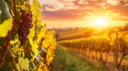 Naklejka premium Golden Sunset Over Picturesque Vineyard with Lush Grapevines in Foreground