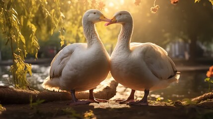 Obraz premium A pair of white geese stand side by side on the wooden floor in front of them, their heads and necks touching each other's beaks, looking at me with bright eyes. The background is blurred greenery