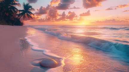 A serene tropical beach at sunset, with the sky painted in soft hues of pink, orange, and purple. Gentle waves lapping at the shore, palm trees swaying in a light breeze. Generative AI.