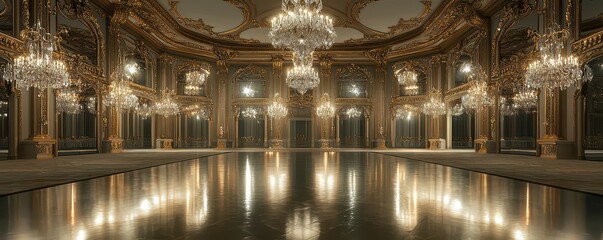 A grand ballroom with crystal chandeliers, ornate gold trim, and a large dance floor reflecting the...