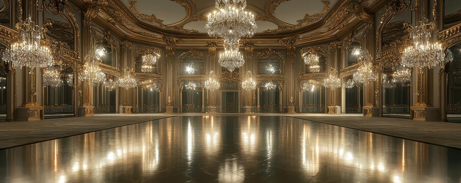 A grand ballroom with crystal chandeliers, ornate gold trim, and a large dance floor reflecting the glimmering lights