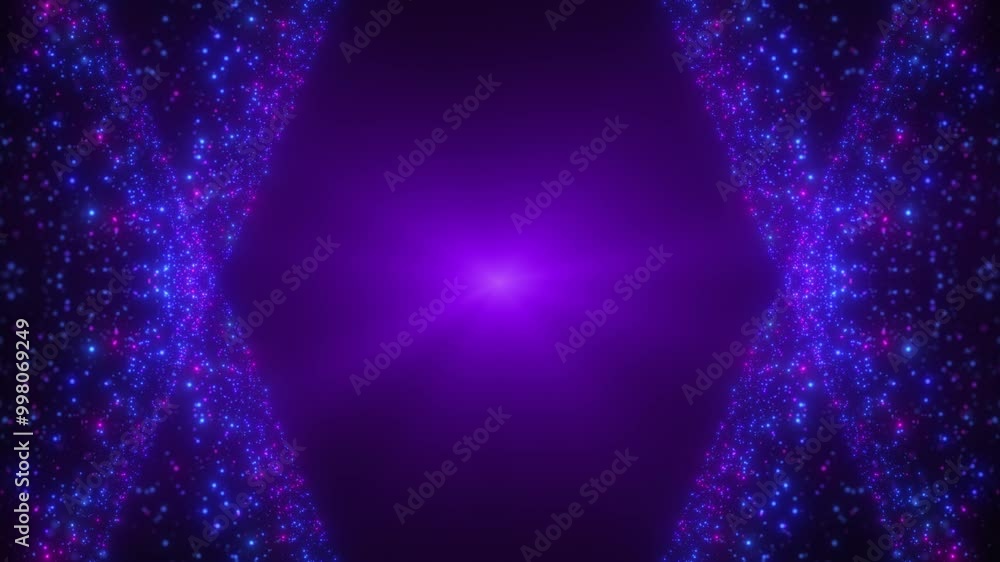Poster abstract background of bright glowing blue and purple particles. flow of particles along a trajector
