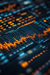 Fototapeta premium Macro shot of an interactive stock market analysis software interface, showcasing a candlestick chart with various indicators and a detailed time frame