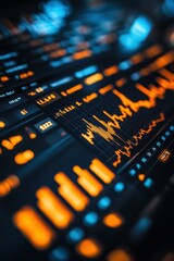 Obraz premium Macro shot of an interactive stock market analysis software interface, showcasing a candlestick chart with various indicators and a detailed time frame