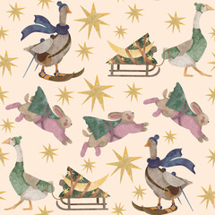 New Year seamless pattern with a bunny with a Christmas tree on his back, a goose with a sled and a Christmas tree, a goose on skis and stars. Fairytale New Year's print