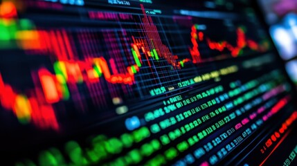 Fototapeta premium Vivid close-up of a monitor displaying real-time stock market data, focusing on a prominent candlestick chart with vibrant colors and precise metrics