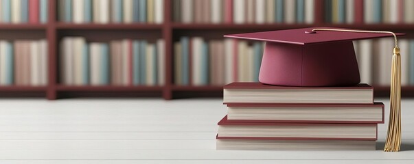 Naklejka premium Student Success symbolized by a graduation cap resting on a stack of books in a bright