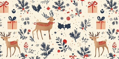 A charming holiday-themed pattern featuring adorable reindeer surrounded by winter foliage, wrapped gifts, berries, and branches. 