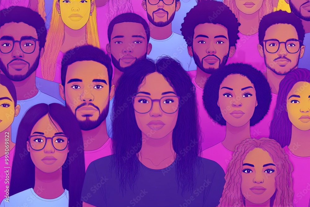Poster abstract colorful illustration of diverse individuals in profile view symbolizing unity strength and