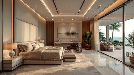 Modern luxury light colored master bedroom suite. Generative AI.