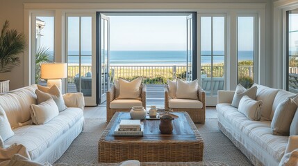 Obraz premium Seaside Serenity: Relaxing Coastal Retreat with Ocean Views and Cozy Seating