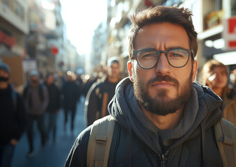 Serious Man with Glasses Leading a Peaceful Protest on City Street