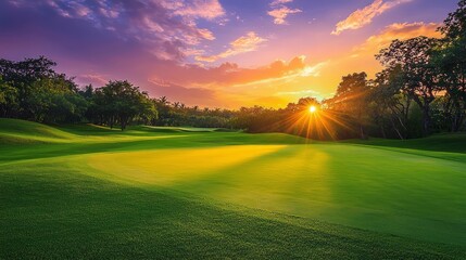 Majestic Sunset Beauty at Scenic Golf Course with Lush Greens and Vibrant Sky Colors