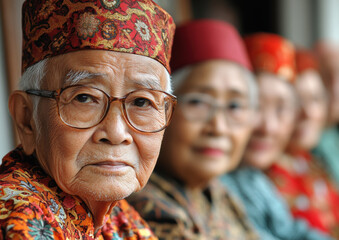 Senior Man in Traditional Indonesian Attire with Group in Background