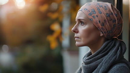 Kobieta z nowotworem spaceruje po ulicy, otoczona miejskim zgiełkiem. Pomimo trudności, z jakimi się zmaga, jej postawa jest pełna odwagi. 