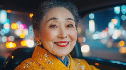 Smiling Elderly Woman in Traditional Yellow Attire with City Lights in Background