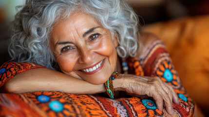 Smiling Elderly Woman Relaxing in a Colorful Patterned Blanket