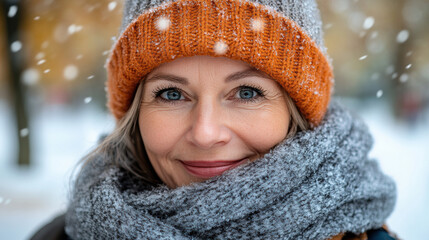 Smiling Woman Enjoying a Snowy Winter Day in Warm Knitted Hat and Scarf