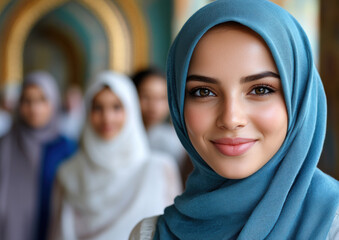 Smiling Woman in Blue Hijab with Group in Background