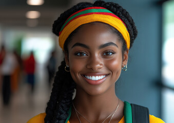 Smiling Young Woman with Braided Hair and Colorful Headband