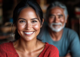 Smiling Young Woman with Older Man in Background, Warm Indoor Setting