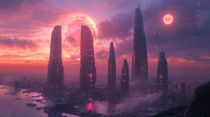 Alien city skyline at twilight, towering structures with organic shapes glowing with vibrant lights 