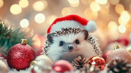 Hedgehog with Christmas decoration on bokeh background.