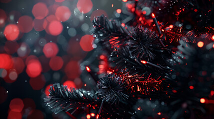 Black Christmas tree with red tinsel and twinkling lights creates festive atmosphere.