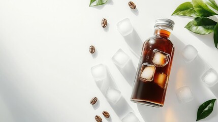 A bottle of iced coffee with ice cubes and coffee beans on a white background.