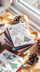 Colorful stack of handmade Christmas greeting cards with festive designs and pine cones on a table
