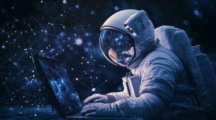 Astronauta w swoim skafandrze unosi się w nieważkości, z laptopem unieruchomionym na specjalnym uchwycie. 
