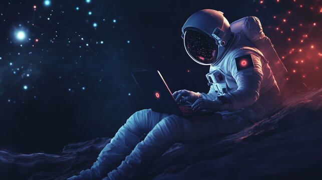 Astronauta w swoim skafandrze unosi się w nieważkości, z laptopem unieruchomionym na specjalnym uchwycie. 
