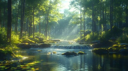 Fototapeta premium Serene Forest Sanctuary with Cascading River and Dappled Sunlight