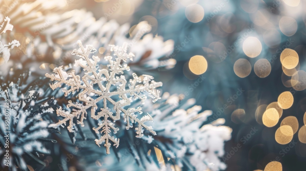 Poster a snowflake is on a tree branch