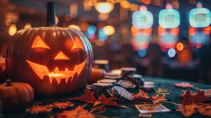 A halloween themed casino with money and poker chips. Generative AI.