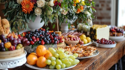 Elegant Gourmet Brunch Table Setting with Fresh Ingredients and Stylish Decorations