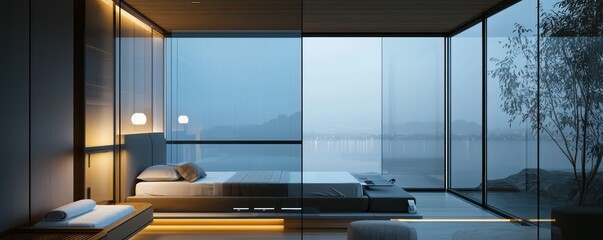 A guest bedroom with smart glass windows that tint for privacy and clarity based on outside lighting, and a sleep system that adapts to the guest's preferences