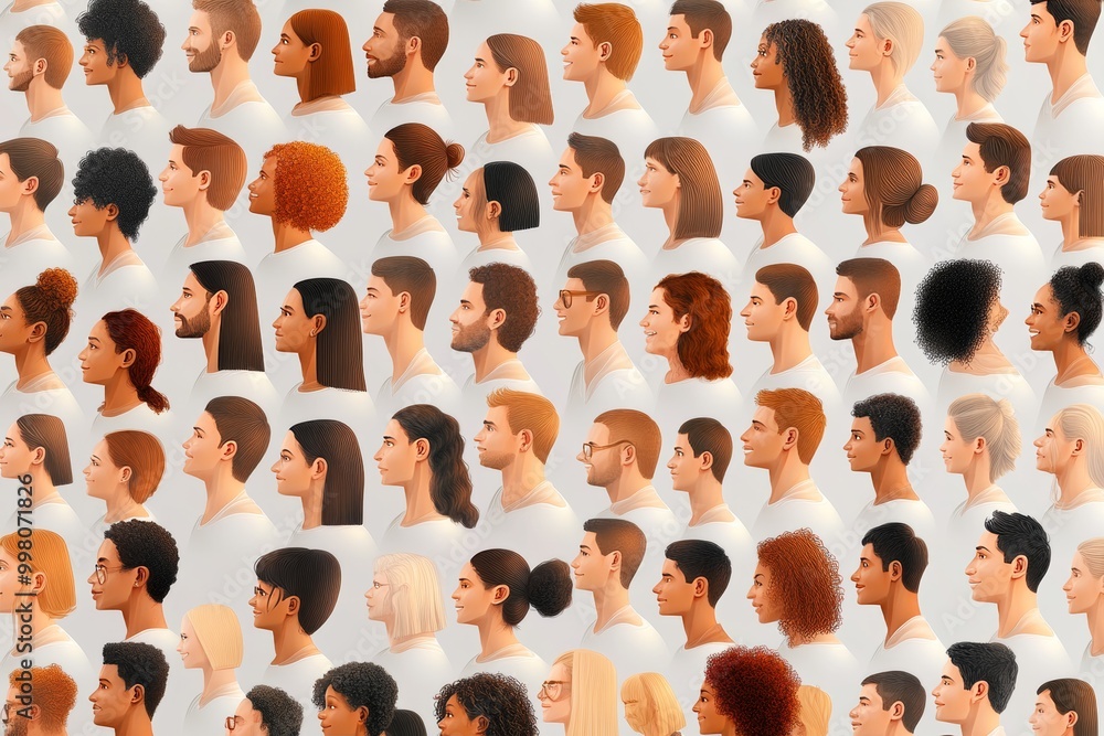 Poster crowd of diverse faces in profile symbolizing inclusion social unity and diversity in a modern abstr