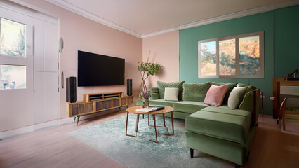 Fototapeta premium living room design with orange green sofa and pastel walls