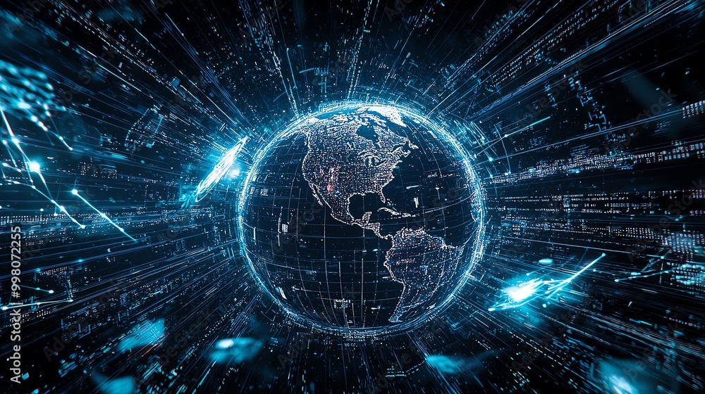 Aufkleber digital globe with data streams, technology illustration.
