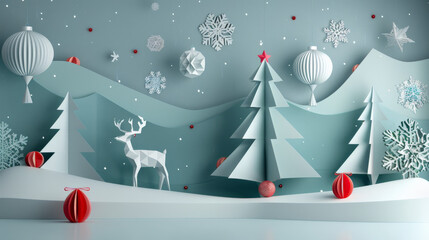 Winter wonderland with intricately folded paper decorations, including trees, snowflakes, and reindeer, creating festive atmosphere.