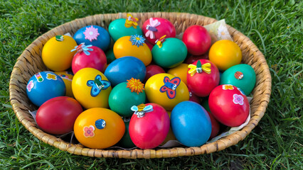 colorful Easter decoration made of eggs in the basket