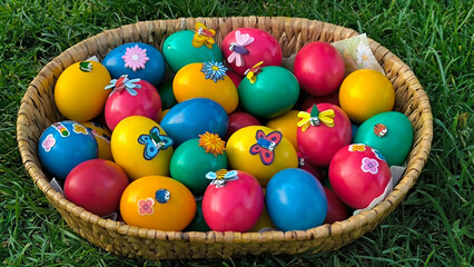 colorful Easter decoration made of eggs in the basket