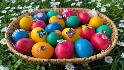 colorful Easter decoration made of eggs in the basket