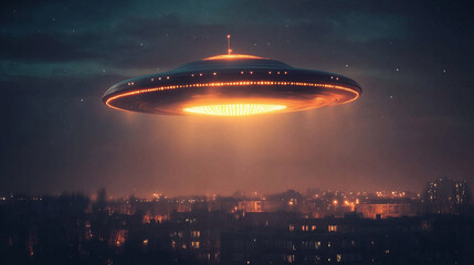 Obraz premium Na tle mrocznego, gwiaździstego nieba, w powietrzu unosi się rozświetlony UFO, które emituje intensywne światło w odcieniach zieleni i fioletu.