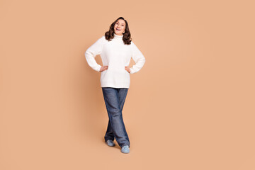 Fototapeta premium Photo of lovely cheerful pensioner woman wear white stylish outfit isolated on beige color background