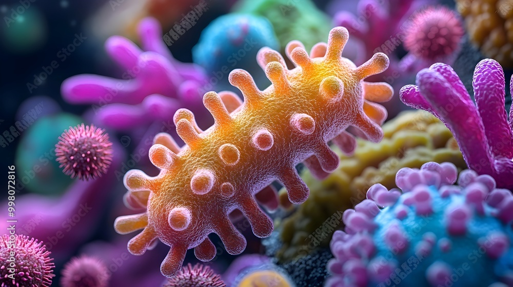 Poster highly magnified microscopic view of diverse bacteria and viruses structures