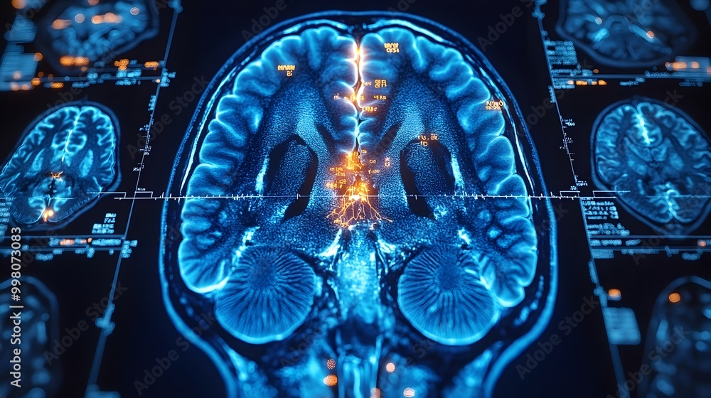 Poster cross section of brain mri scan with highlighted regions indicating various functions