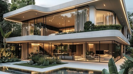 Fototapeta premium Modern home, The house is surrounded by a manicured garden with greenery and a serene atmosphere. Soft pastel colors dominate the palette, creating a calm and luxurious feel. Generative AI.